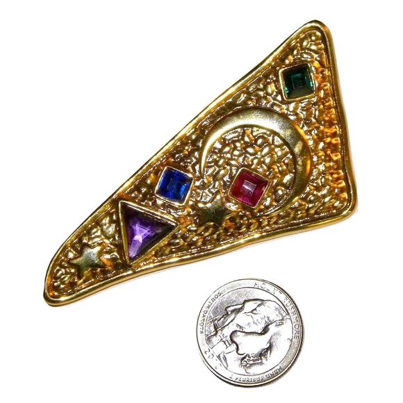 80s Large Gold Brooch with Moon Stars Multi Color Gemstones - Picture 1 of 6
